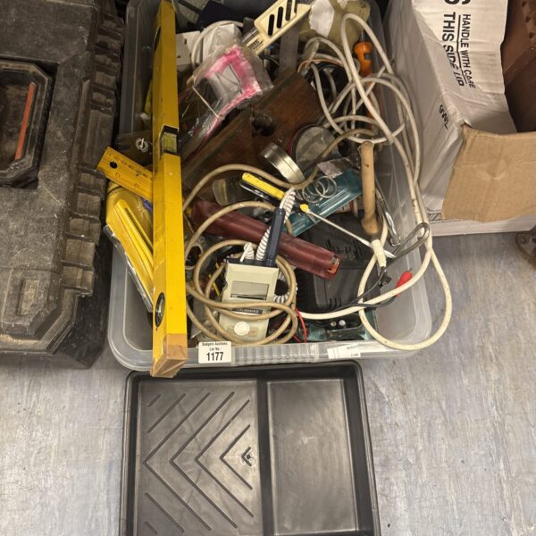 Mixed lot of garden and workshop tools, including a soldering iron.