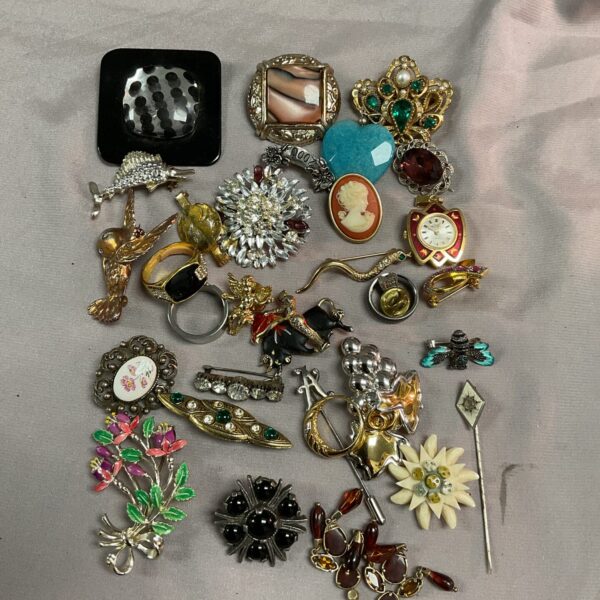 Assorted vintage brooches and jewellery pieces in a collection.