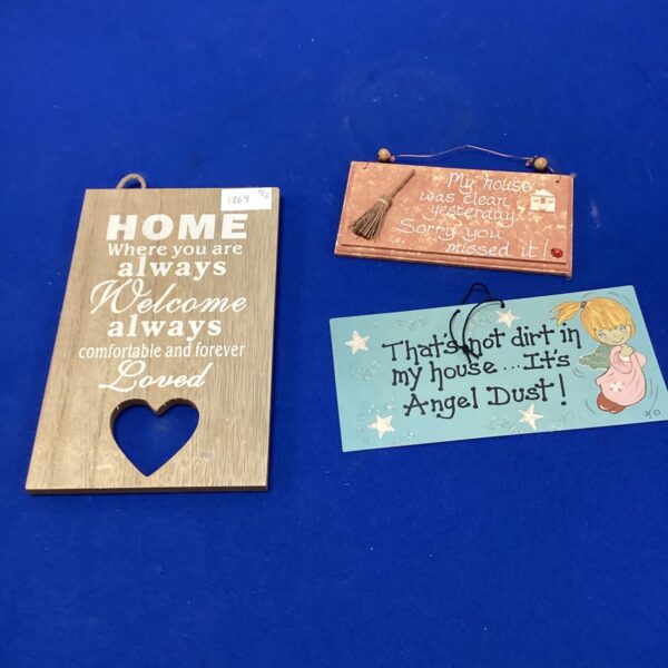 Lot of three vintage wall hanging signs for rustic home decor.