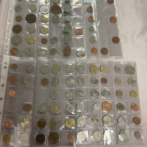 Assorted coin collection displayed in protective pages.