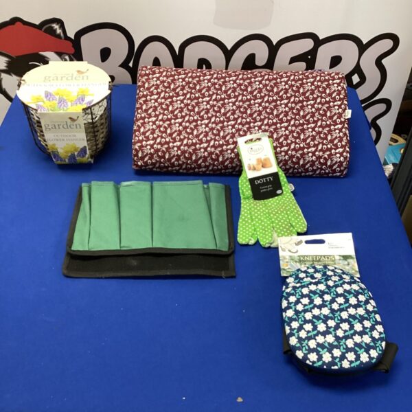 Gardening bundle with kneeling pad, gloves, and flower hanger.
