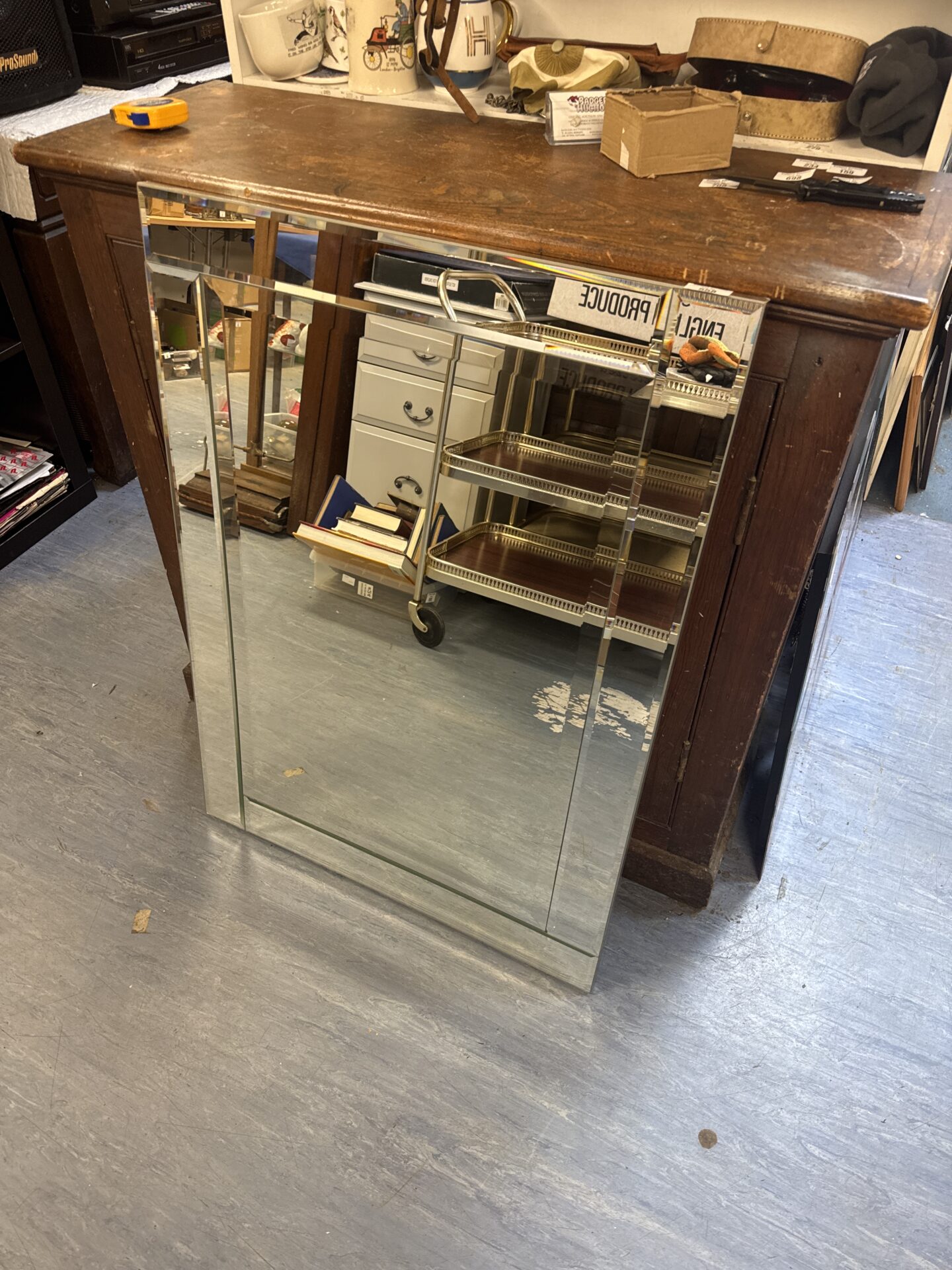 459 Bevel glass mirror 36” length – has light delamination in middle