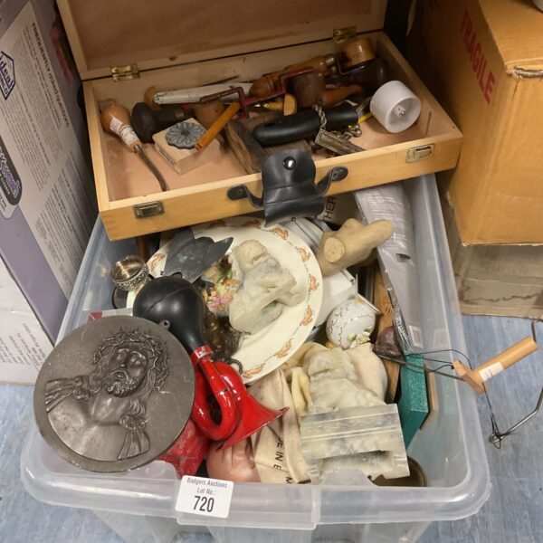 Vintage mixed household lot in wooden crate.