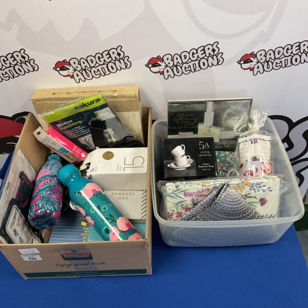 Giftware assortment box with flask and espresso mugs.