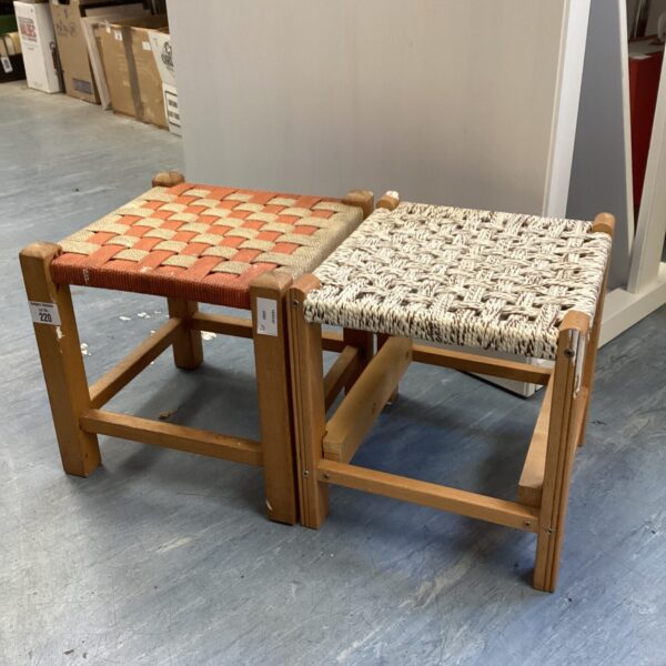 Vintage rope top stools pair for rustic farmhouse decor.