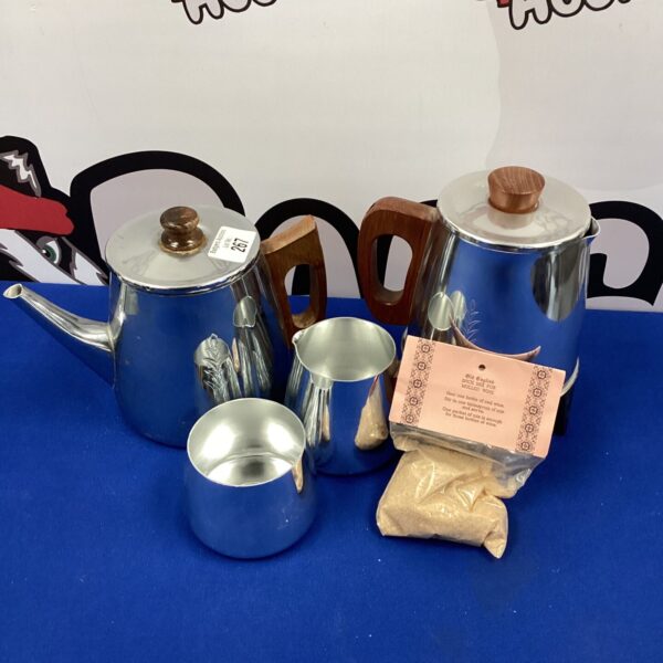 Vintage stainless steel coffee set with mulled wine spice tin.