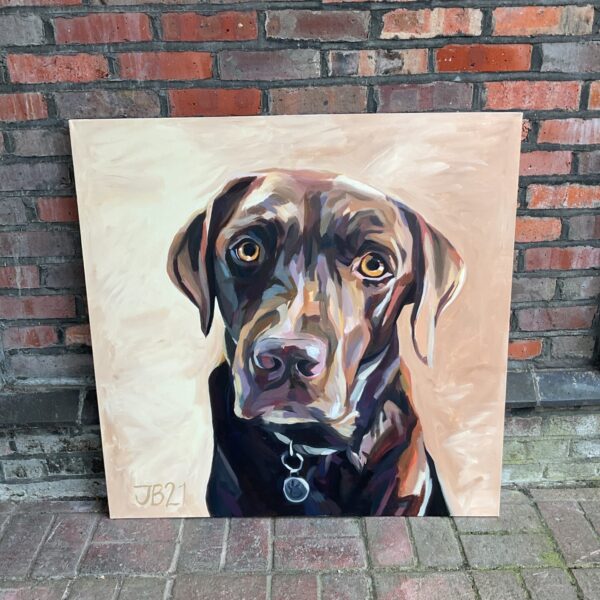 Realistic oil painting of a chocolate Labrador signed JB21.