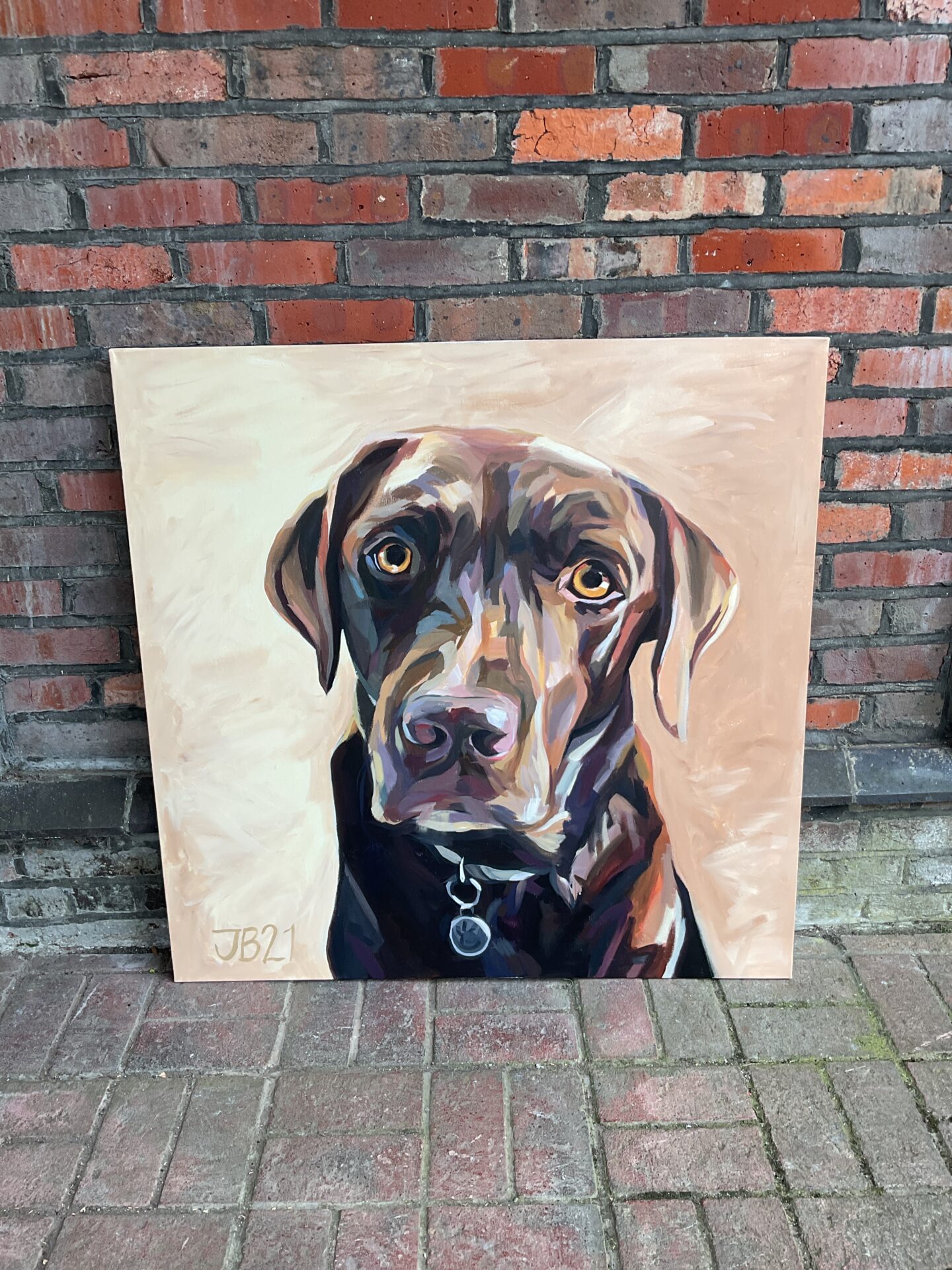 003 Large oil on canvas portrait of a chocolate Labrador signed JB21