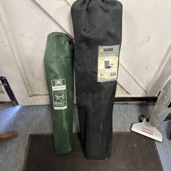 Lot of two folding camping chairs for outdoor use.