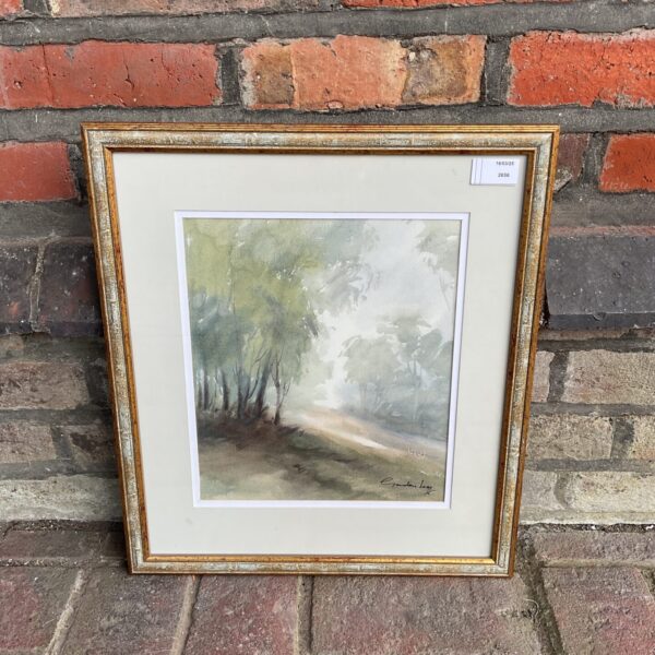 Gordon Legg watercolour painting of a misty woodland landscape.