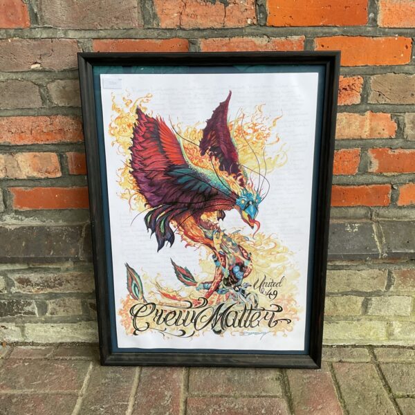 Vibrant mixed media painting of a phoenix in flight.