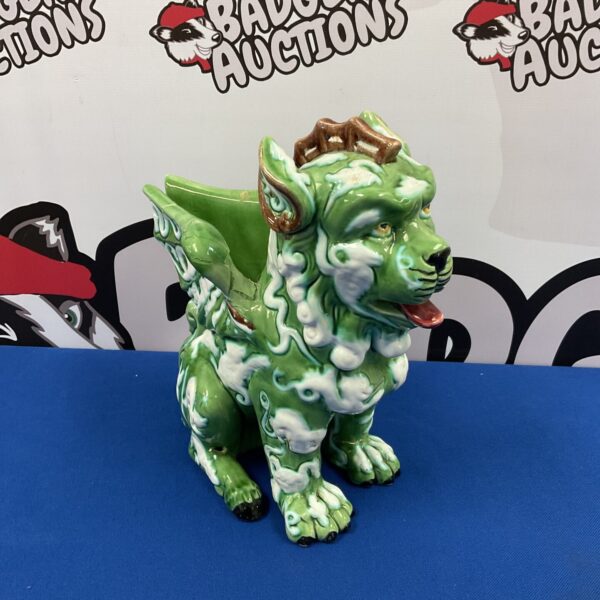 Green ceramic Bordallo Pinheiro Foo Dog sculpture, vintage pottery.