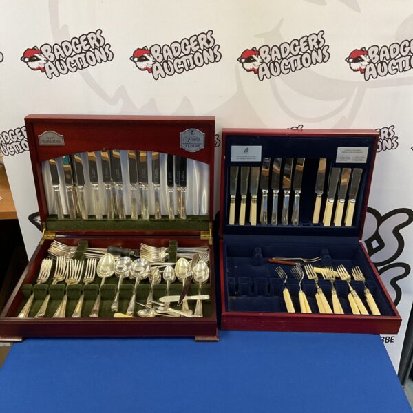 Vintage silver plate cutlery sets by George Butler and Viners in cases.