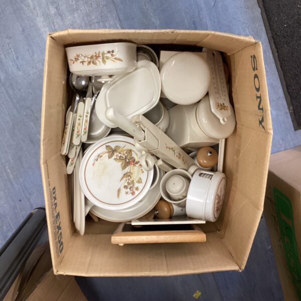 Vintage floral kitchenware set in a cardboard box.