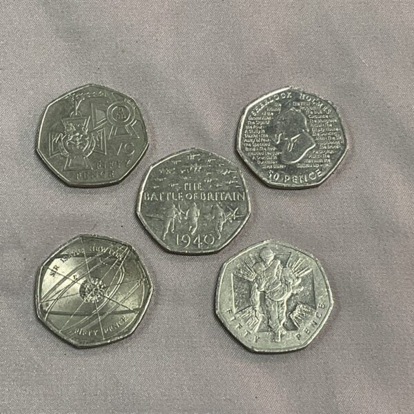 Lot of five Battle of Britain 50p coins for collectors.