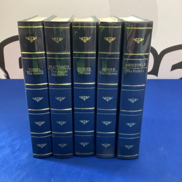 Antique collection of philosophy books by Aristotle, Homer, Plutarch, and Virgil.
