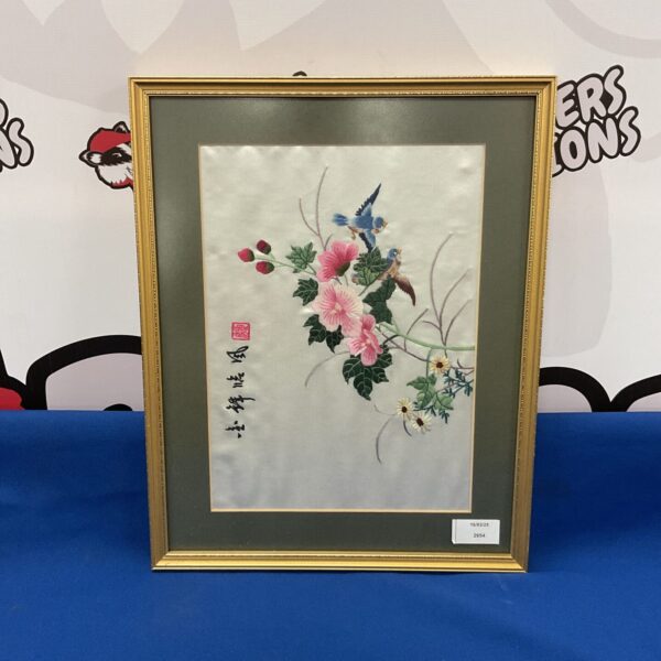 Vintage oriental embroidery panel with birds and blossoms on silk.