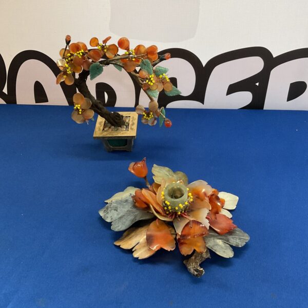 Colourful semi-precious stone bonsai tree sculpture with agate leaves.