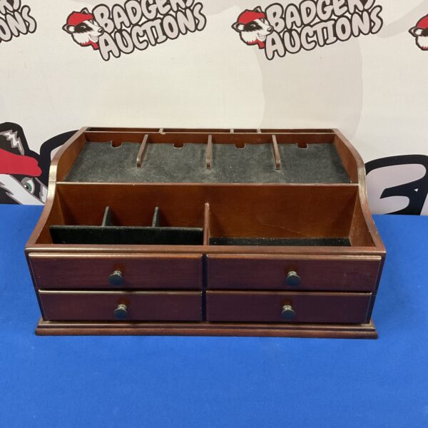 Vintage mahogany desk tidy with two drawers for stationery.