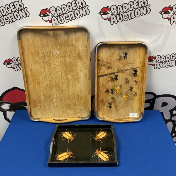 Vintage lacquered serving tray with detailed scarab beetle design.