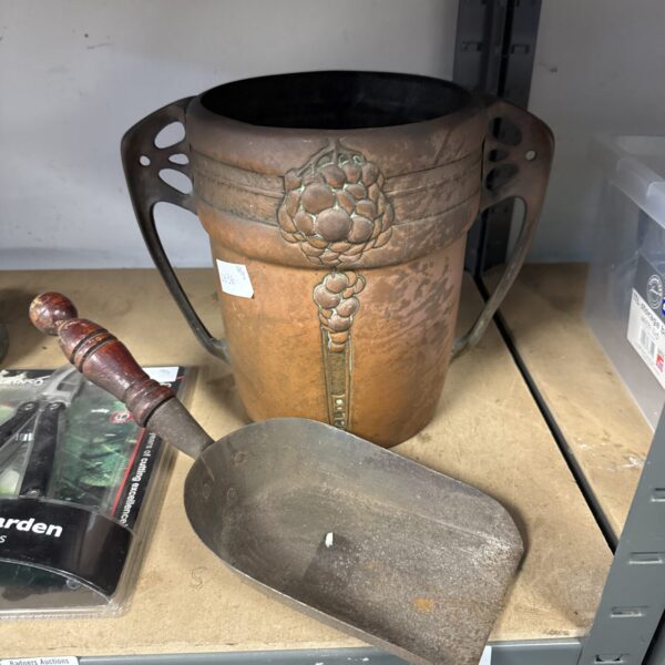 Vintage Kayser copperised brass bucket with shovel for garden use.