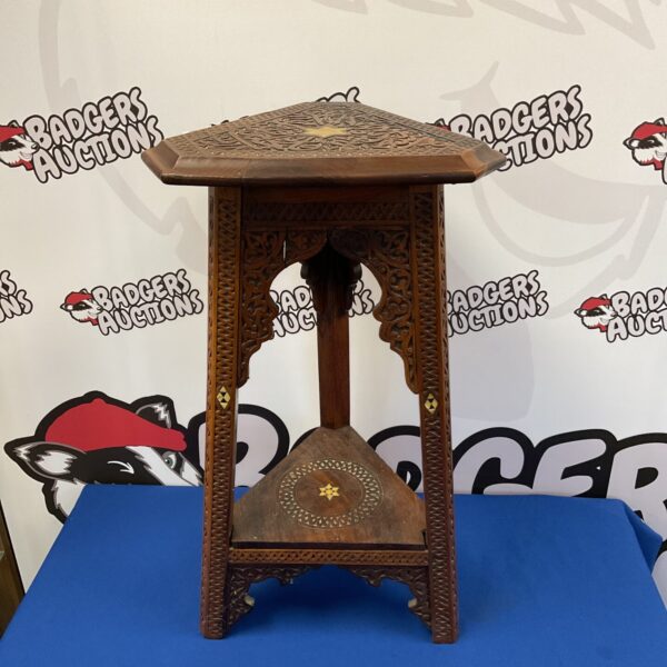 Intricate antique Moorish lamp table with inlaid hardwood details.