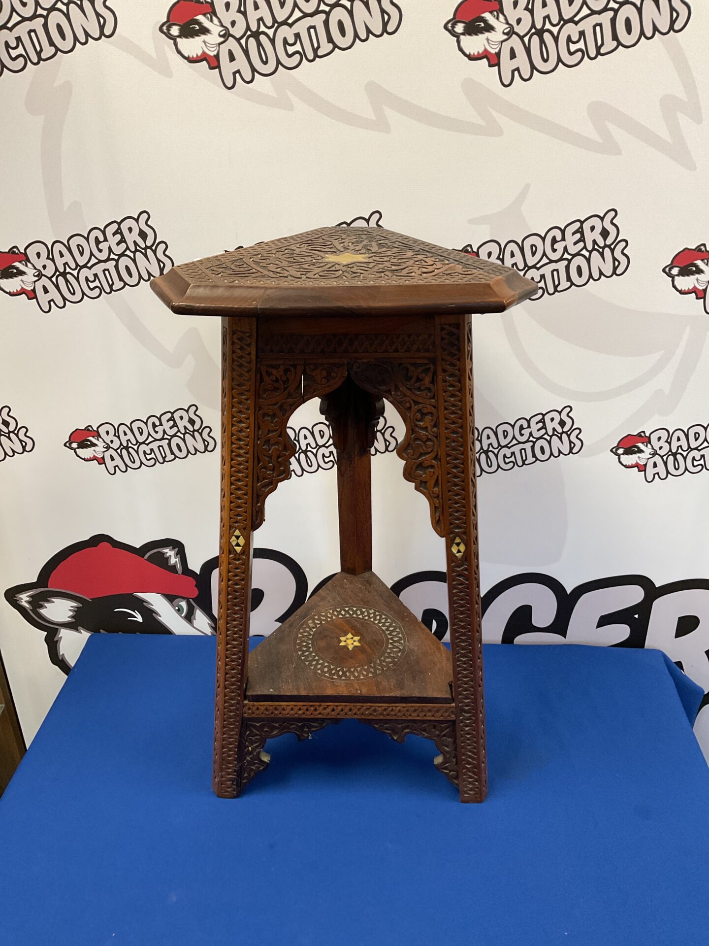 060 Antique moorish inlaid hardwood lamp table