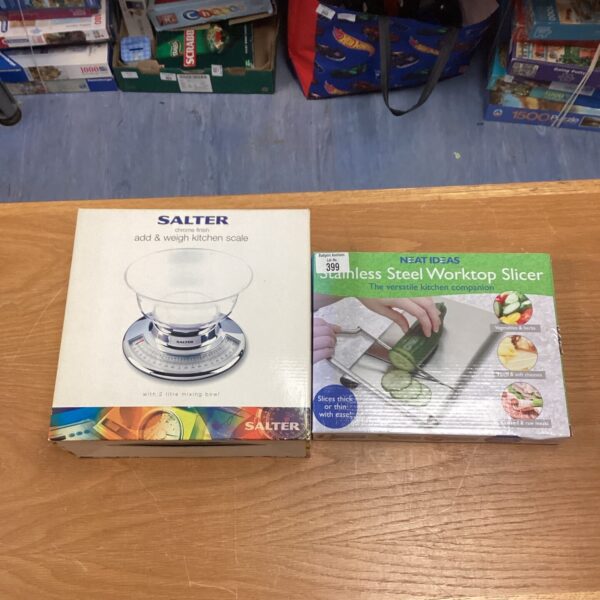 Vintage Salter kitchen scale in stainless steel, ideal for baking.