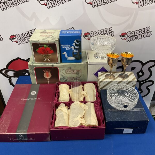 Boxed crystal and silver plate collection with Stuart crystal pieces.