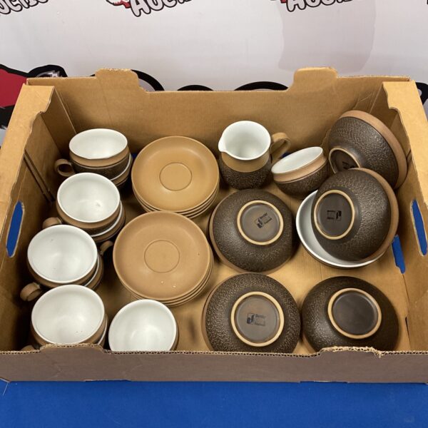 Collection of vintage Denby stoneware pottery bowls, cups and saucers.