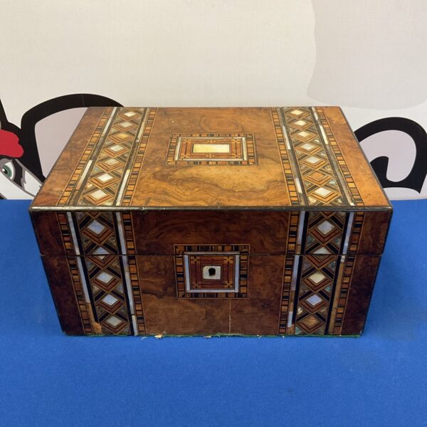 Antique walnut box with mother of pearl inlay, vintage collectible.