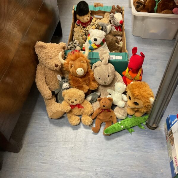 Overview of a mixed lot of vintage and modern teddy bears and soft toys.