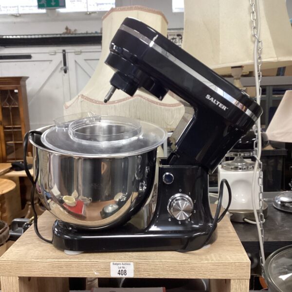 Front view of a vintage Salter kitchen mixer with stainless steel bowl.