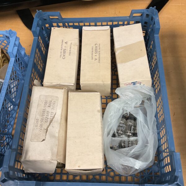 Tray of vintage radio valves including CV1075 for collectors.