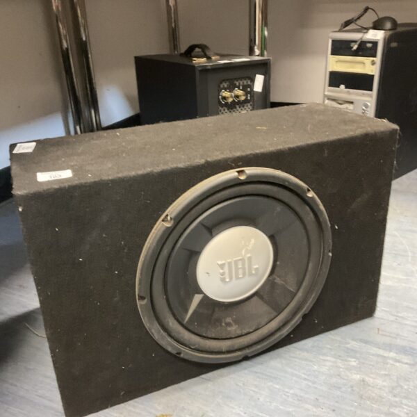 Used JBL 12 inch car subwoofer in a black enclosure.