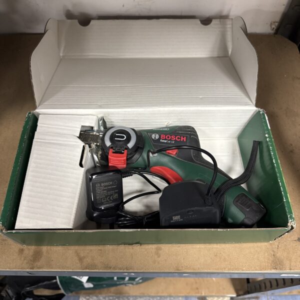 Bosch EasyCut 12 cordless saw with charger and battery.