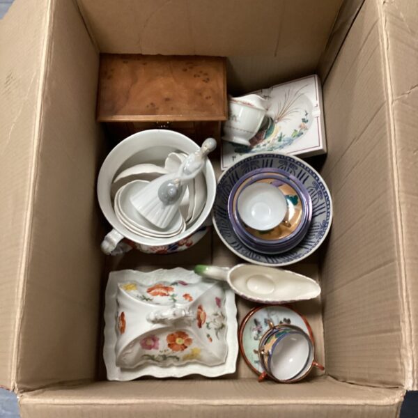 Mixed china lot with oriental cups and a large bowl.