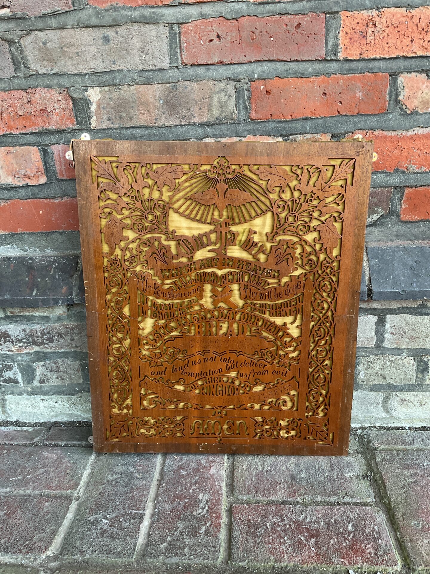 006 Vintage carved wooden lords prayer religious panel