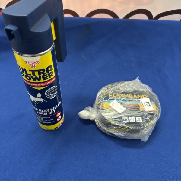 Wasp nest killer spray and flashband tape for garden pest control.