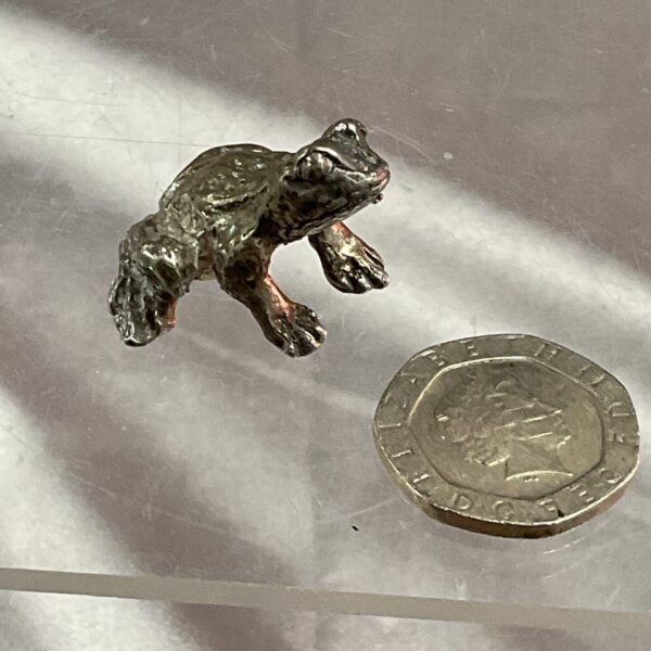 Detailed sterling silver frog figurine on reflective surface.
