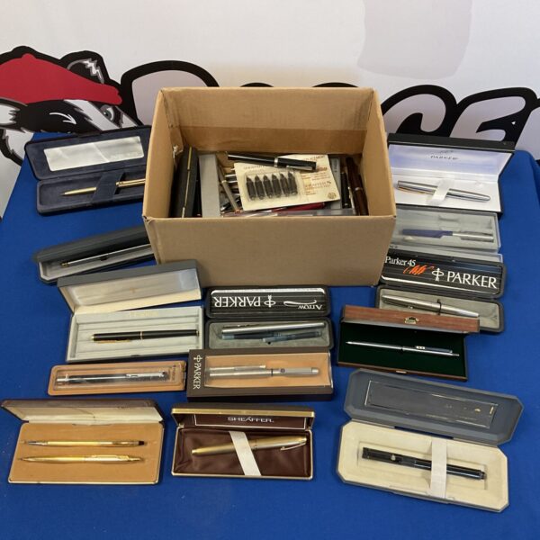 Vintage pen collection including Parker, Sheaffer, and Cross brands.