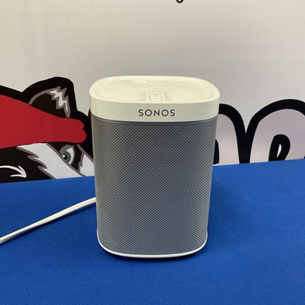 Front view of a white Sonos Play 1 wireless speaker.