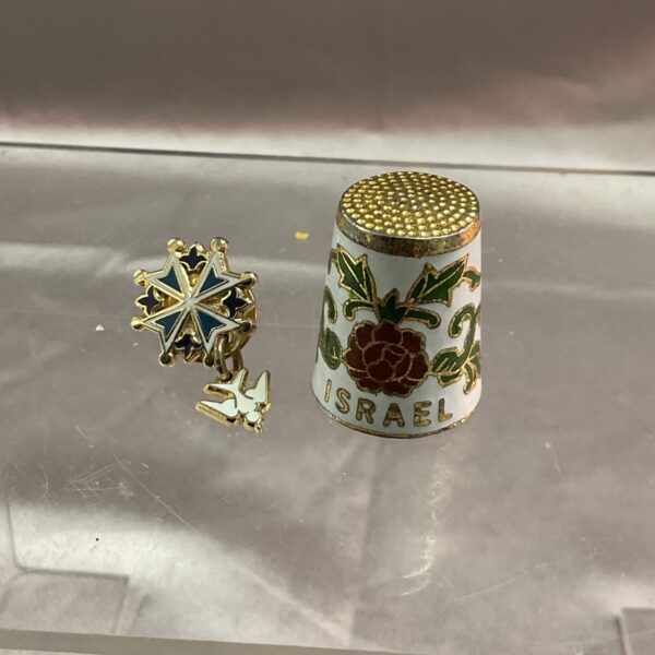 Vintage Israel thimble and Maltese cross pin collectible.