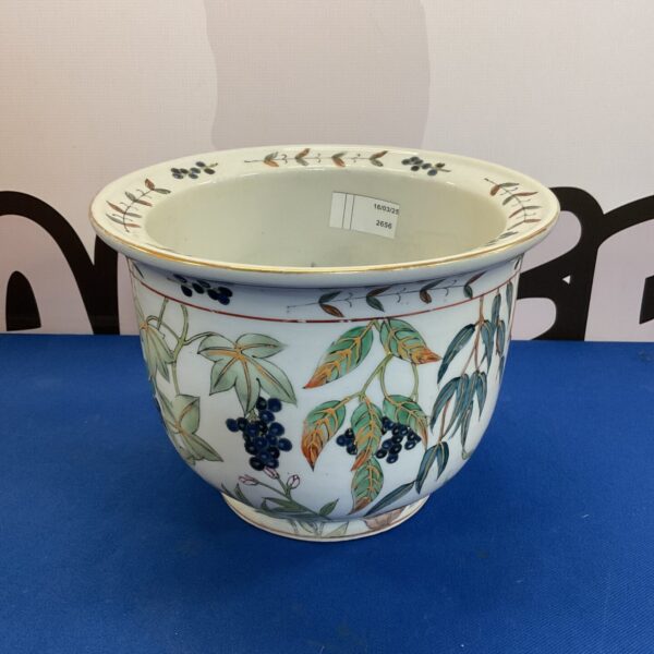 Front view of antique Chinese grape pattern plant pot.