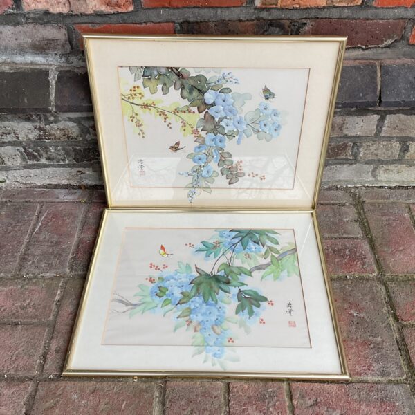 Vintage Chinese watercolour painting of butterflies and berry bush.