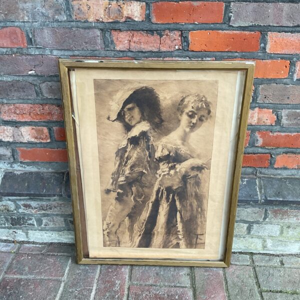 Antique framed print of a gentleman and lady portrait.
