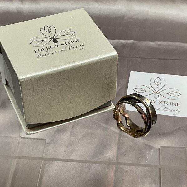 Close-up of sterling silver energy stone ring size V.