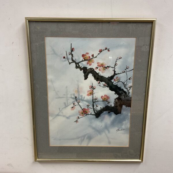 Signed Stevens Japanese blossom watercolour painting with delicate floral details.