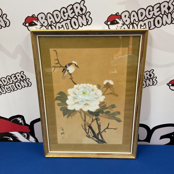 Delicate Chinese watercolour painting of a bird and blossoms on silk.