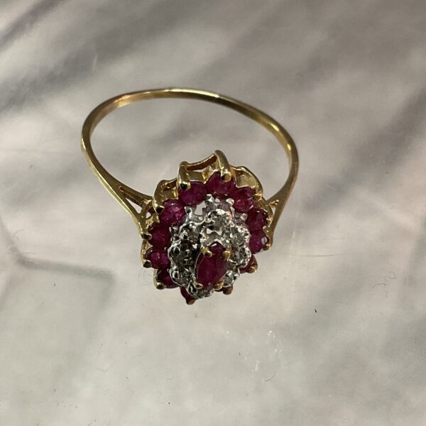 Vintage 9ct gold ruby and diamond cluster ring, size S.